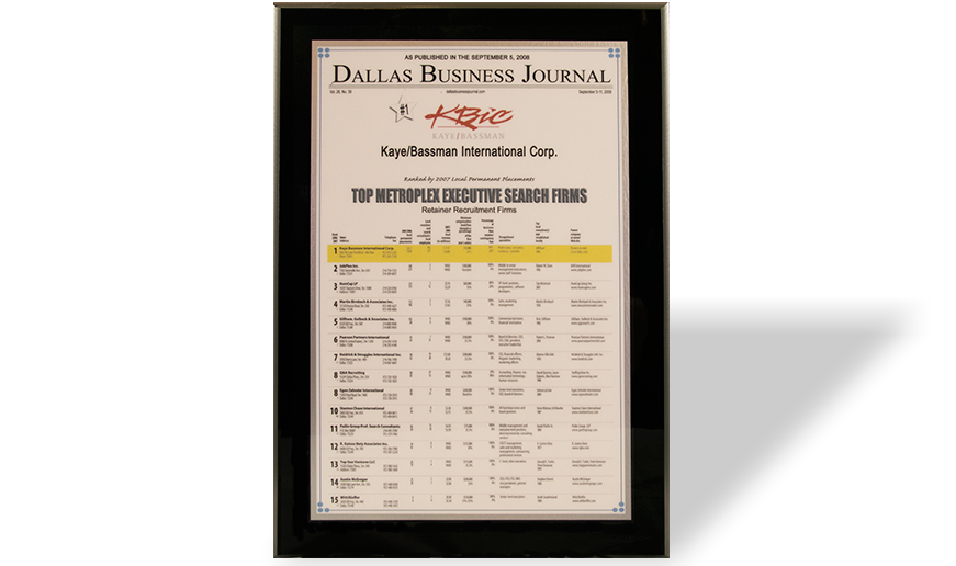 Dallas Business Journal #1 Top Metroplex Executive Search Firm 2007